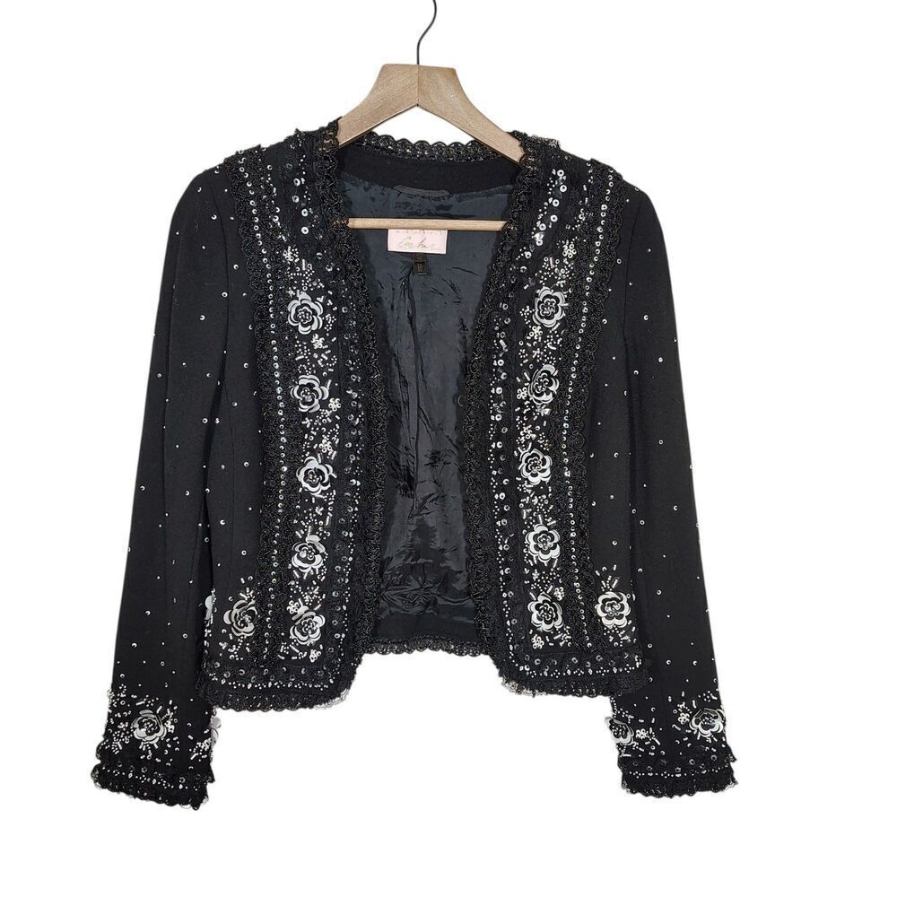 Escada Couture Sequin Beaded Jacket Size 38 Black Floral Evening Cocktail Glam